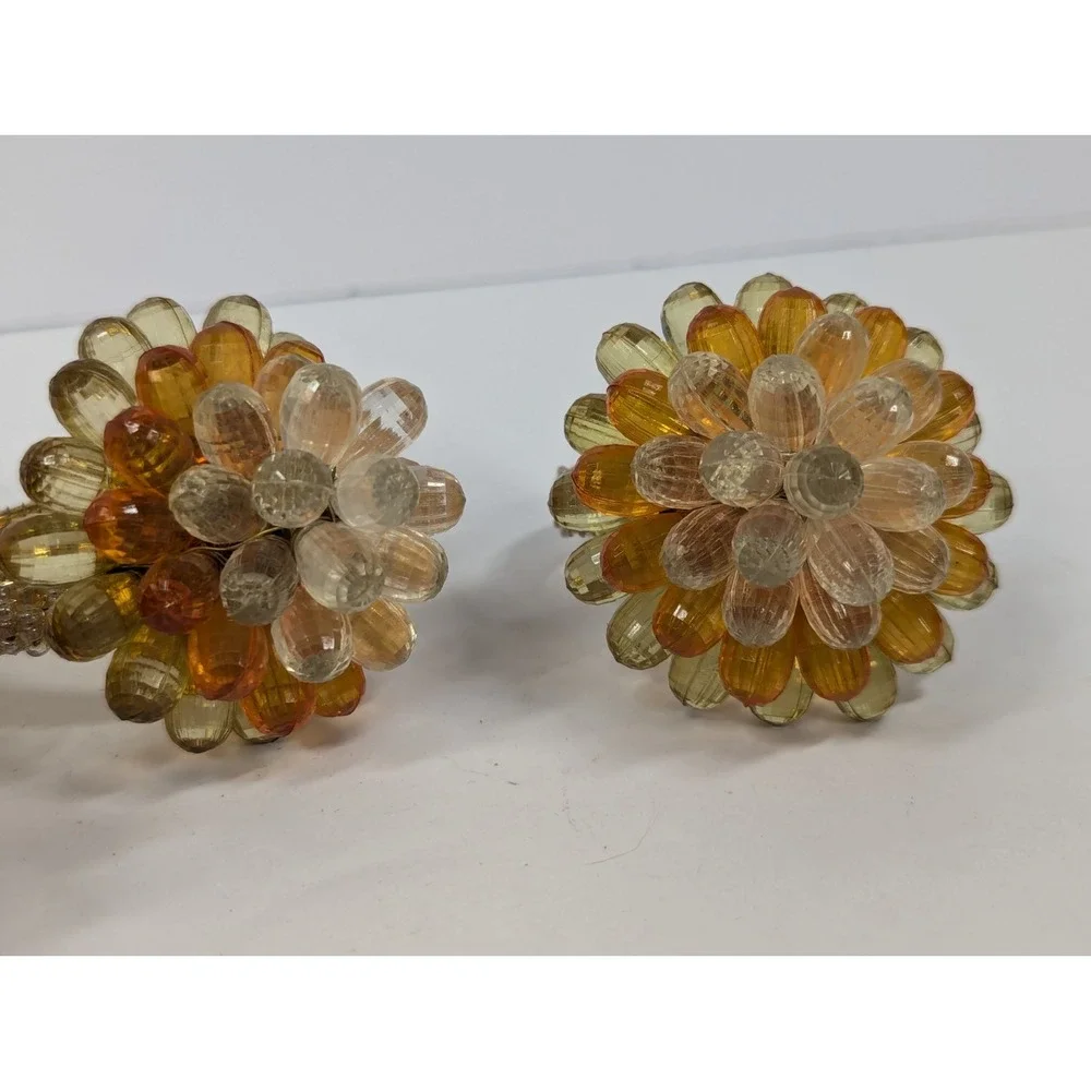 4 Vintage Mid Century Modern Vibe Orange Yellow Clear Faceted Bead‎ Napkin Rings